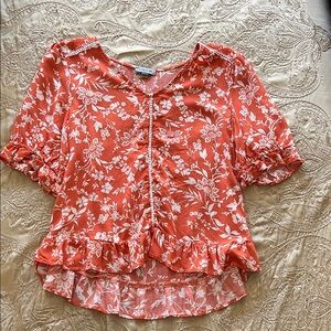 Chic Floral Ruffle Blouse in Coral